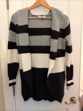 No Boundaries Striped Open-Front Cardigan - Black, Gray & Cream